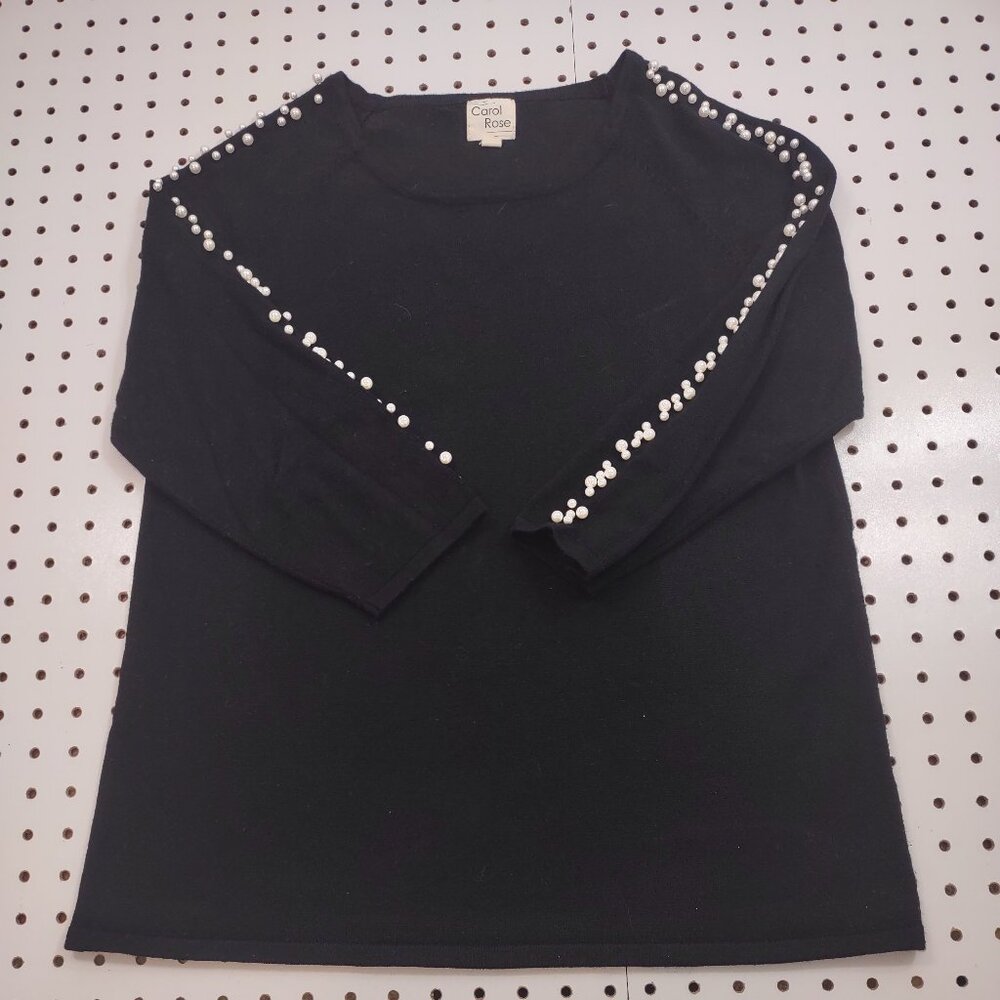 Carol Rose Black Thin Knit Sweater with Pearl Detailing Down Sleeves, Size Large